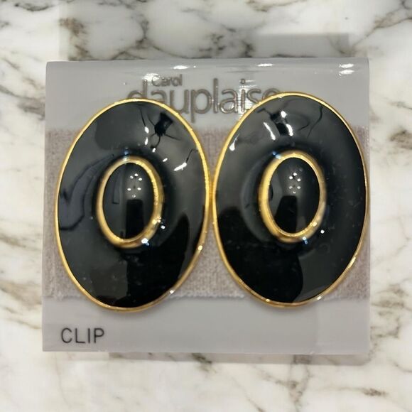 Carol Dauplaise NWT Oval‎ Clip-On Earrings - Black and Gold - Classic Timeless​ - Picture 1 of 5